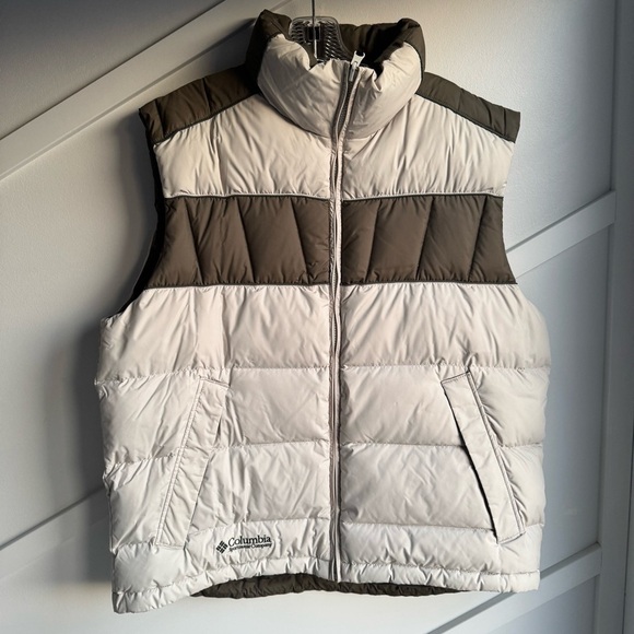 Columbia feather down puffer vest ultra light Beige Brown Water resistant size L - Picture 1 of 9